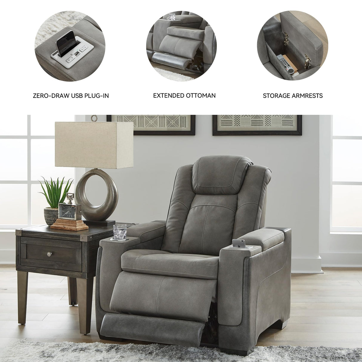 Signature Design by Ashley Next-Gen DuraPella Modern Faux Leather Power Recliner with Adjustable Headrest, Gray Signature Design by Ashley