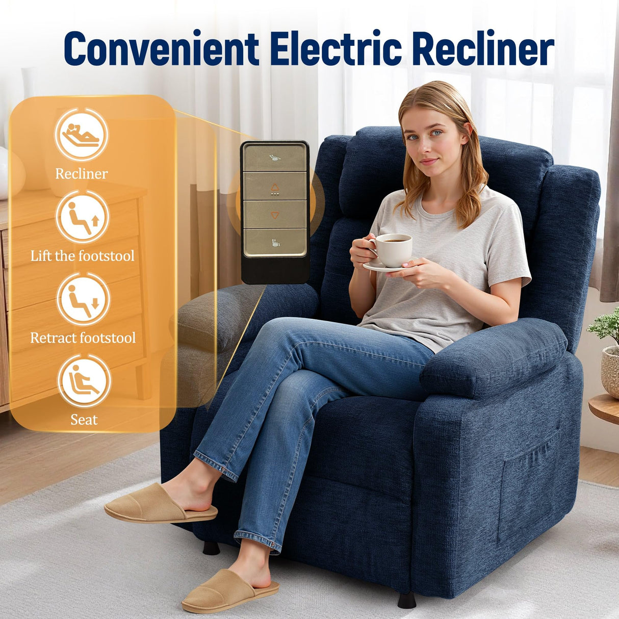 Korser Power Recliner Chair for Adults, Oversized Electric Recliner with Thickened Cushions, Chenille Fabric Reclining Chair for Living Room, Bedroom, Blue Korser