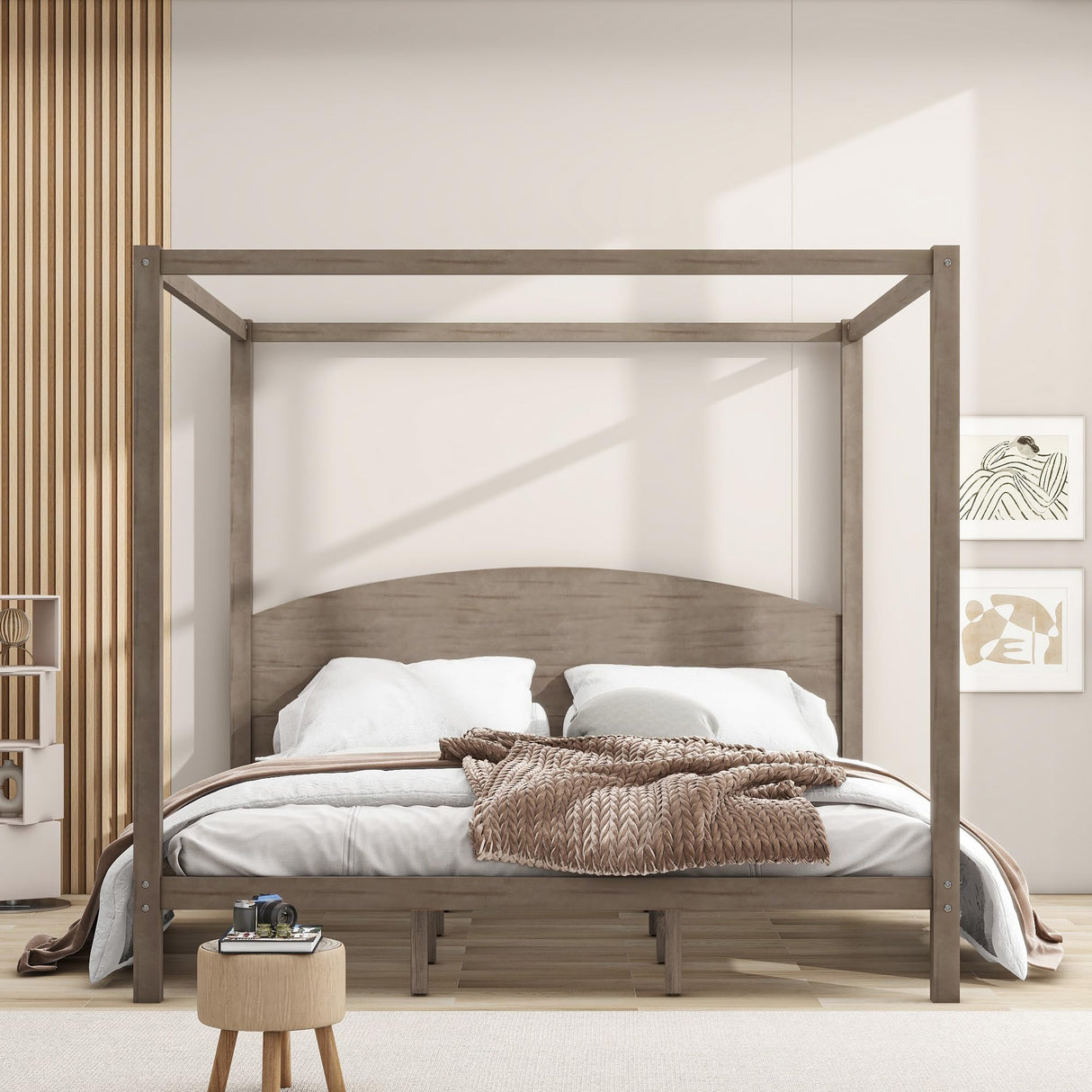 jurmiture King Size Canopy Bed with Support Legs, Solid Wood 4 Post Canopy Platform Bed Frame for Kids Teens Adults, No Box Spring Needed, Brown Wash jurmiture