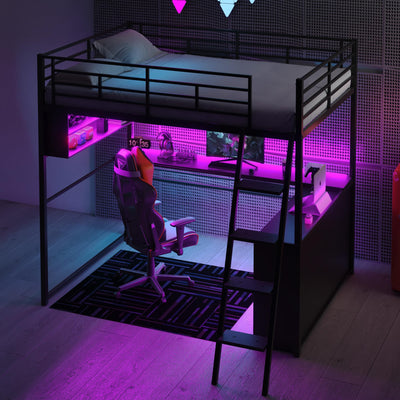 Polibi Full Size Loft Bed with LED and Desk,Metal Gaming Loft Bed Frame with 4 Storage Shelves,Black