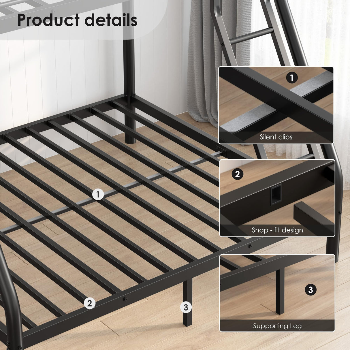 Twin Over Full Bunk Bed, Metal Bunk Beds Twin Over Full Size with Safety Ladder & Guardrail, Heavy Duty Bunkbed Frame for Adults Teens Dorm Bedroom Guest Room Apartment, Space-Saving (Black, Full) TBCOPTO