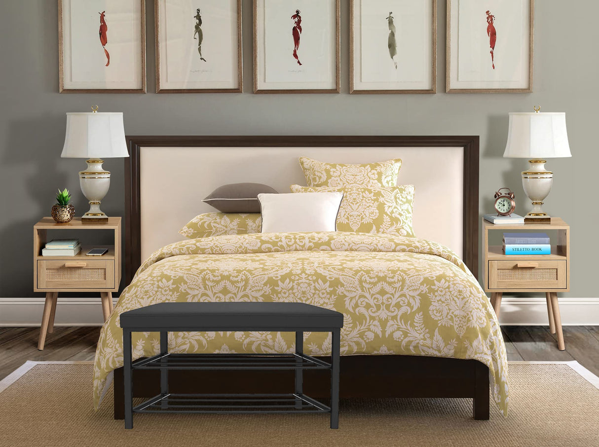 Finnhomy Entryway Shoe Rack with Cushioned Seat, Shoe Bench for Entry, 2 Shelves Storage Bench w/Faux Leather Top Bed Bench, Black Finnhomy