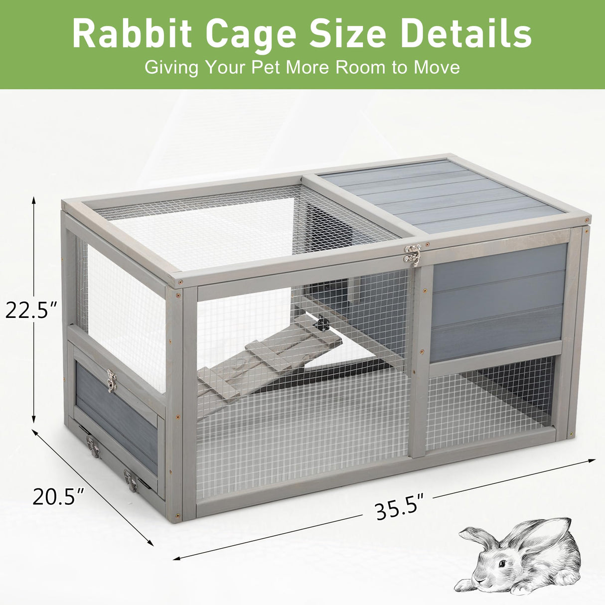 COZIWOW Fashion Wooden 36Inches Rabbit Hutch Outdoor with Wheels Bunny Cage Indoor Durable Rabbit Cage with Removable Tray, Openable Roof, Anti-Slip Ramp for Small Bunny Rabbit (Grey) COZIWOW