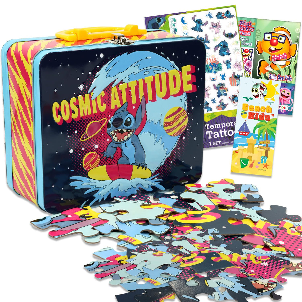 Stitch Tin Lunch Box Puzzle Bundle - Lilo and Stitch Lunchbox with Stitch Puzzle 48 Piece for Kids Plus Tattoos, Sticker Activity Book, More | Stitch School Supplies Set Disney