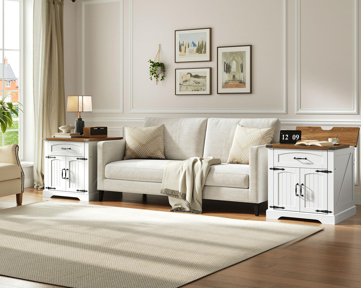 HOOBRO Farmhouse End Tables for Living Room, 23.6" Large End Table with Charging Station, Sofa Side Table with Drawer, Large Square Nightstand, Flip Top, White and Walnut WH605UBZ01 HOOBRO