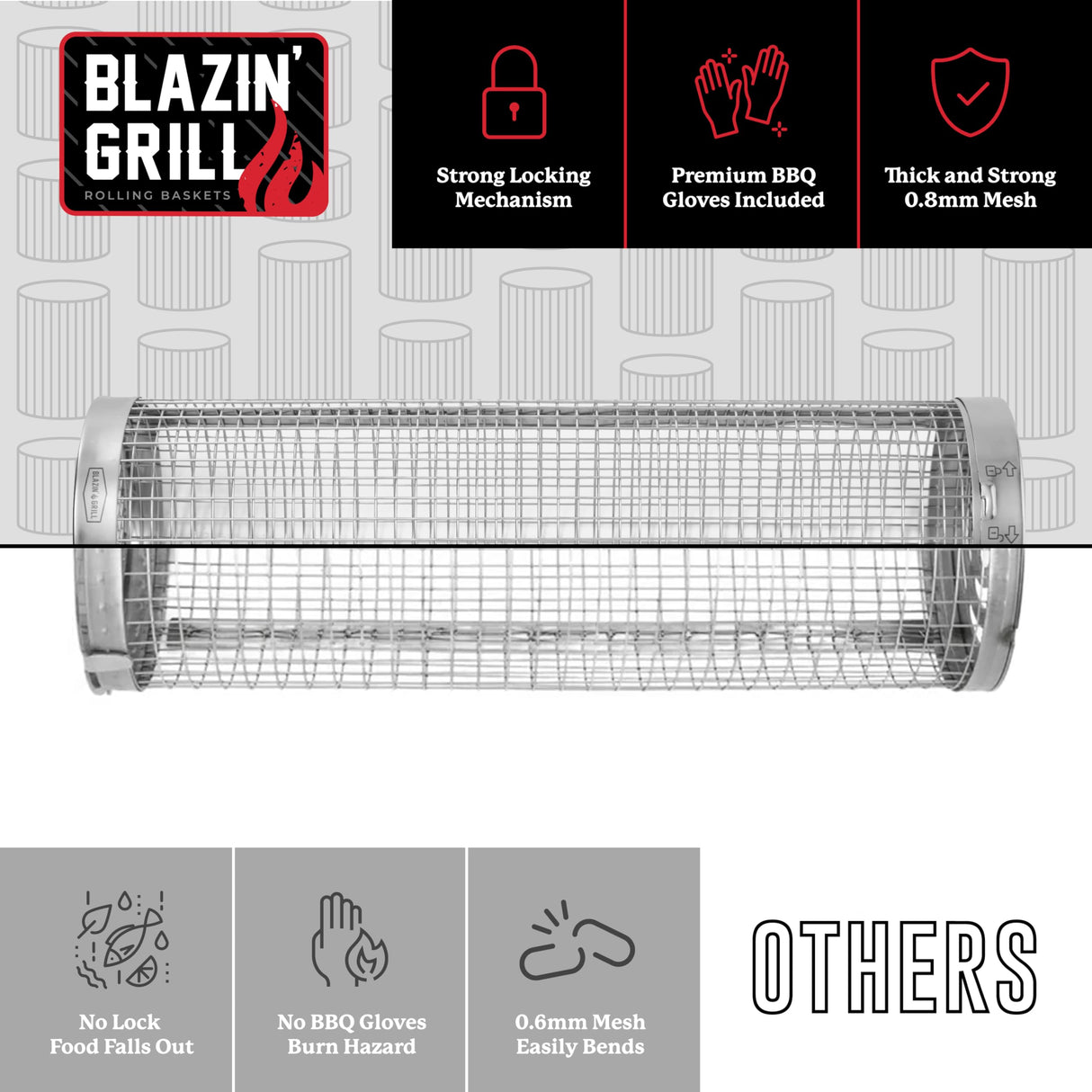 Blazin' Grill Rolling Grill Basket | Rolling Grilling Baskets for Outdoor Grilling 2 Pcs | Barbecue Grill Set with BBQ Gloves | Portable Camping Net Rack Perfect for Vegetables, Seafood & Meat | BLAZIN' GRILL