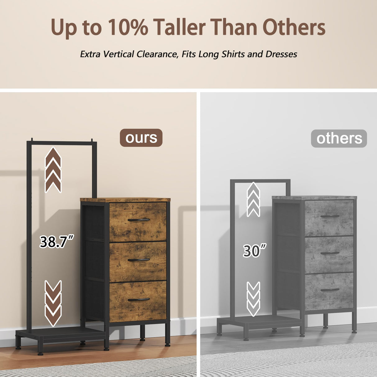 AFLUI Dresser for Bedroom with Hanging Rack, 3 Drawers Dresser for Bedroom - Rustic Brown AFLUI