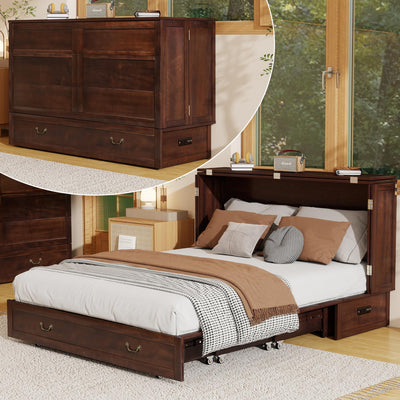 Keloyid Solid Wood Murphy Bed Cabinet:Queen Size Murphy Bed with USB Charging Station and Large Storage Drawer for Home,Optimize Sleeping Space(Mattress Not Included) Deep Brown Red-7