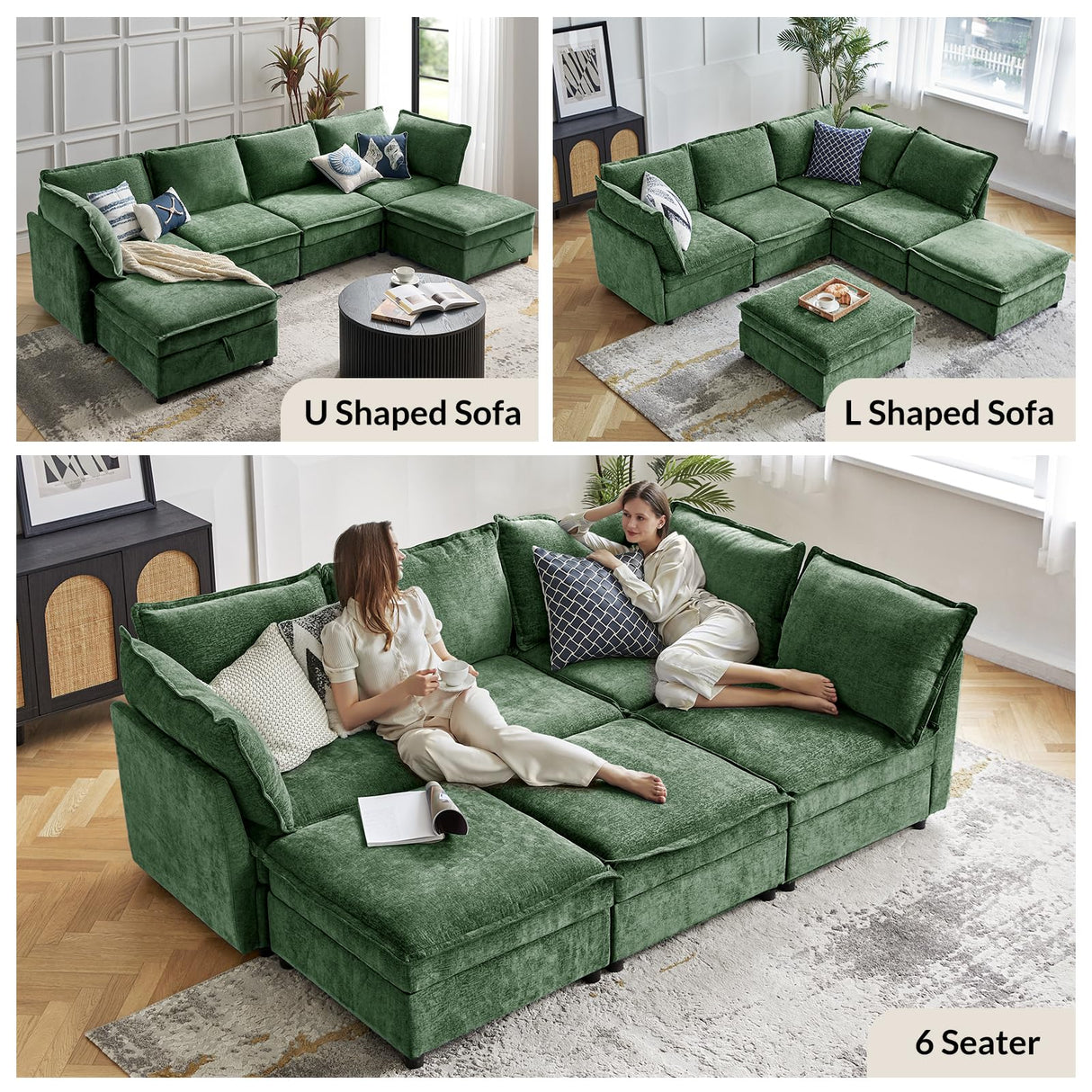 HULALA HOME 127'' Modular Sectional Sofa, Oversized U Shaped Couch with Storage Ottoman, Comfy Chenille Sofa with Deep Seat, 6 Seat Convertible Couches for Living Room, Green HULALA HOME