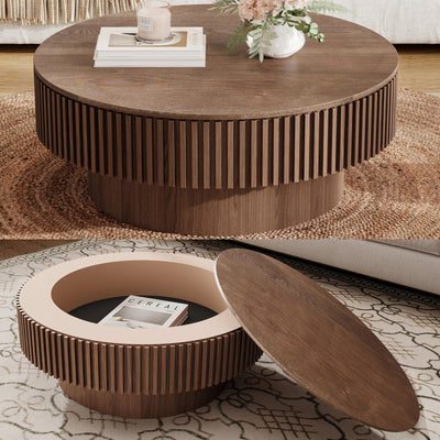 BSYEIO 31.5'' Round Coffee Table with Storage, Modern Luxury Circle Drum Center Tables with Solid Wood Veneered, Accent Side Coffee Table for Living Room, Bedroom, Apartment-Walnut