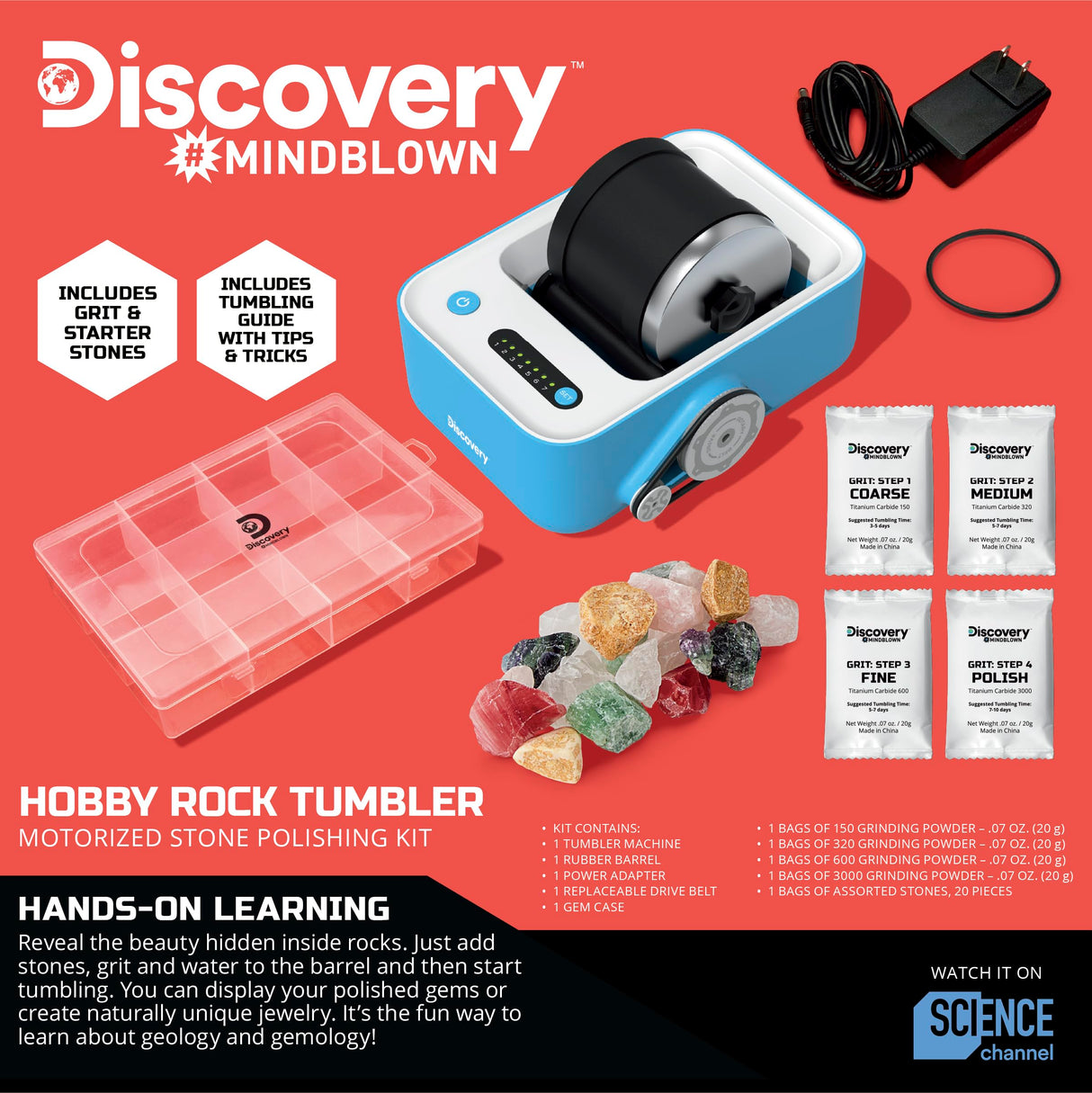 Discovery™ #MINDBLOWN Rock Tumbler Deluxe Set – Stone Polishing Kit with Rocks, 4 Grits, Gem Case| STEM Science Project Kit for Kids & Beginners| Fun Craft Kit Gift| Cool Toy for Boys & Girls Ages 8+ Discovery Kids