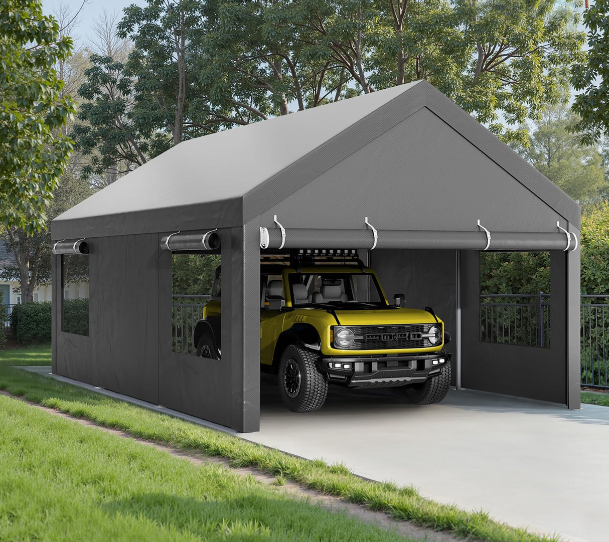Walsunny Carport, 12x20 ft Heavy Duty Carport Canopy with Roll-up Windows, Portable Garage with Removable Sidewalls & Doors, Car Canopy with All-Season Tarp for Car, Truck, Boat Walsunny