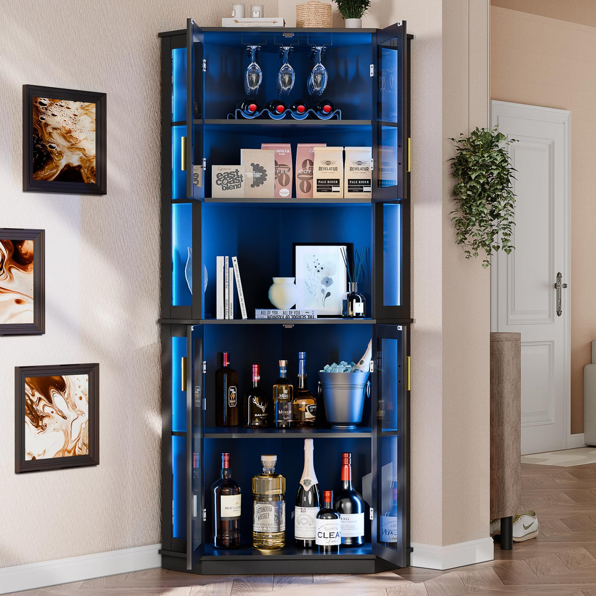 71'' Corner Wine Bar Cabinet with LED Lights,5-Tier Tall Home Liquor Coffee Bar Cabinet W with Tempered Glass Door & Glasses Rack, Alcohol Cabinet Storage Hutch for Kitchen, Living Room, Dining Room Loomie
