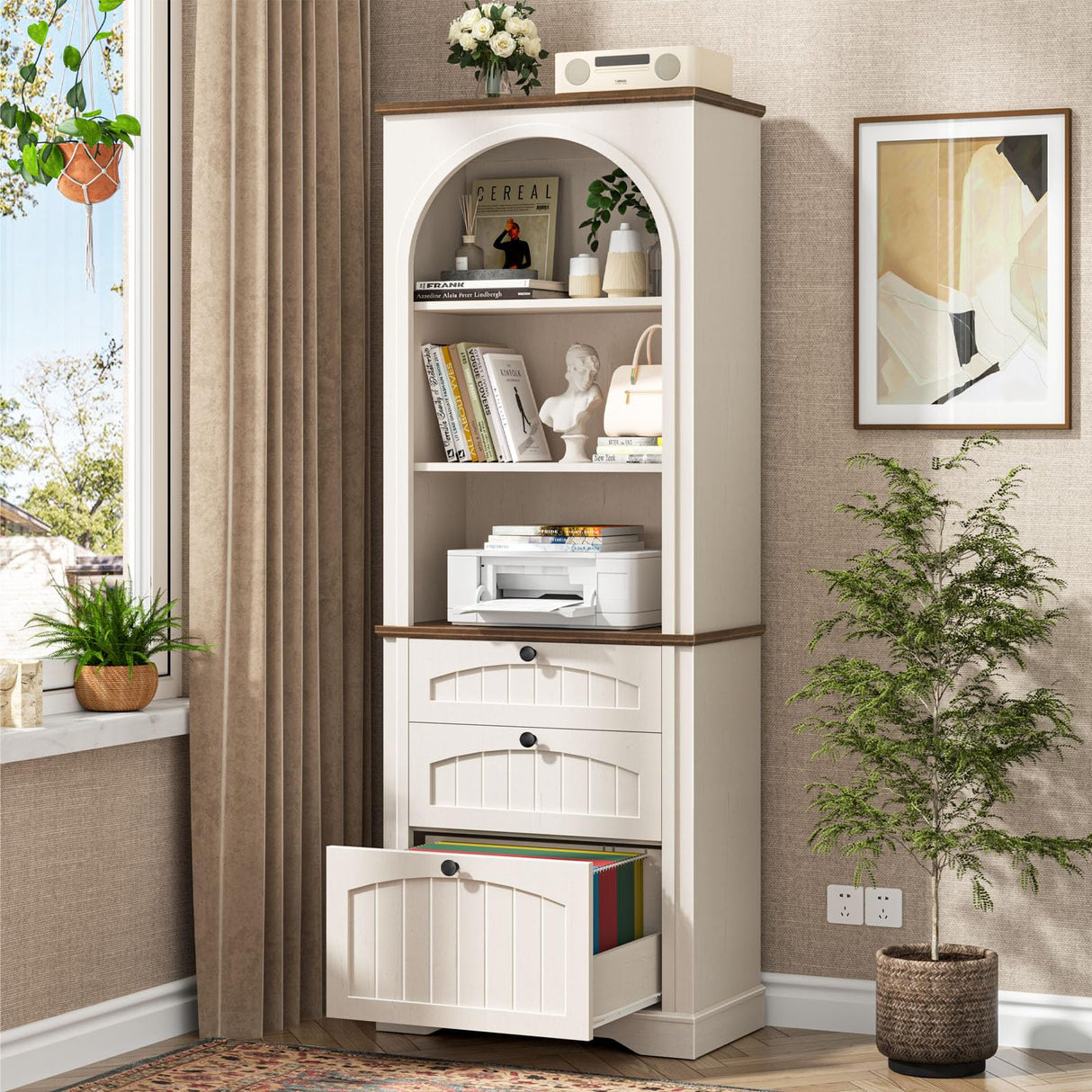 Bookshelf with File Drawers for Letter/A4/Legal Size Hanging Files, 68" Tall Farmhouse Bookcase with 3-Tier Open Shelves, Wood Floor Display Storage Cabinet for Home Office, Living Room, Rustic White Vabches