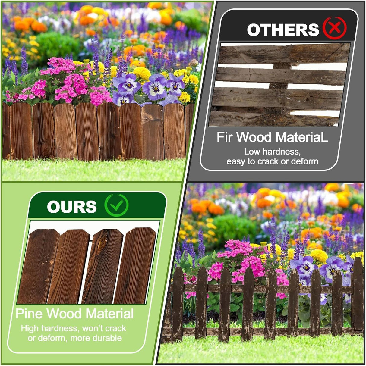 Garden Wooden Fence,6ft X 8in Pine Wood Flower Bed Edging Borders, No Fading Planter Fencing for Outdoor Patio Lawns Yard Flower Bed Decoration SHATGYI