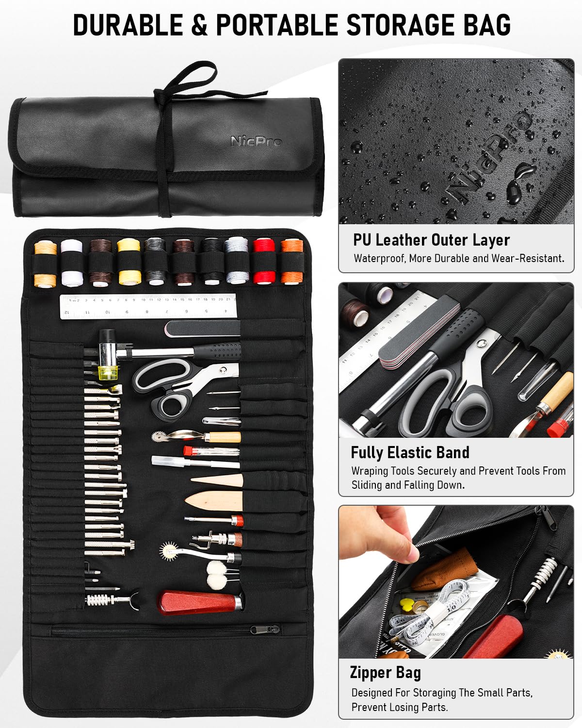 Nicpro 85PCS Leather Tooling Kit Leather Working Tools Kit with Custom Storage Bag, Adults Leather Making Craft Tools Beginner Kit for Stamping Sewing Carving Cutting Punching Leather Working Nicpro