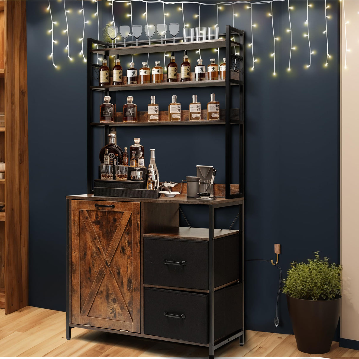 Kitchen Bakers Rack with Storage Drawers and Power Outlet, 65.8”Coffee Bar Cabinet with 6 Hooks, Microwave Stand with Tilt Out Trash Can Cabinet for Dining Room Living Room, Fits 10-Gallon Bins spanspace