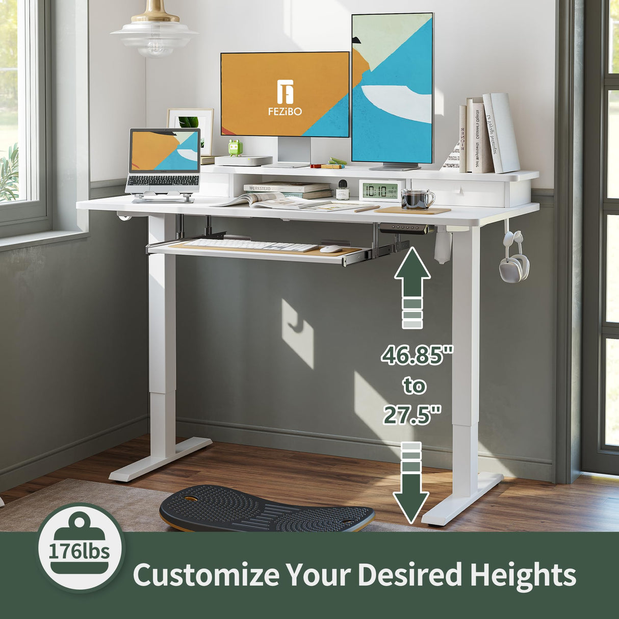 FEZIBO Standing Desk with Drawers, Adjustable Height Desk with Keyboard Tray, Stand Up Desk with Storage Shelf, 55 x 24 Inchs, White Top FEZIBO