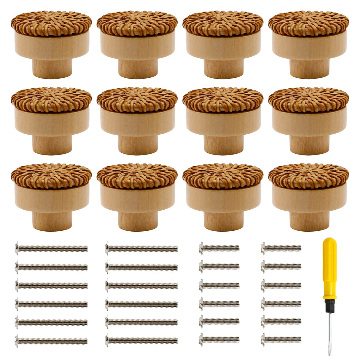 Junwapy 12 Pack Boho Rattan Dresser Knobs Durable Handmade Wooden Drawer Knobs Handmade Wicker Weave Pulls for Cabinets, Furniture Junwapy