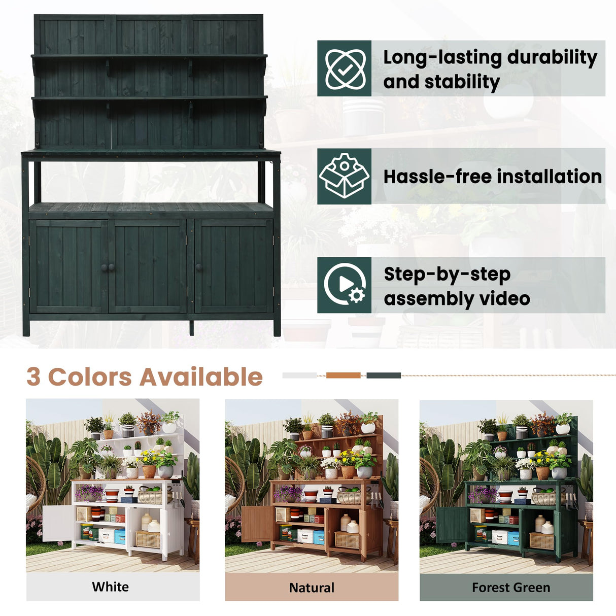 LZ LEISURE ZONE Potting Bench with Hutch, 50.2" Solid Fir Wood Garden Workstation with Large Countertop, 2 Shelves, 2 Cabinets and 3 Side Hooks, Outdoor Planting Table for Gardening, Green LZ LEISURE ZONE