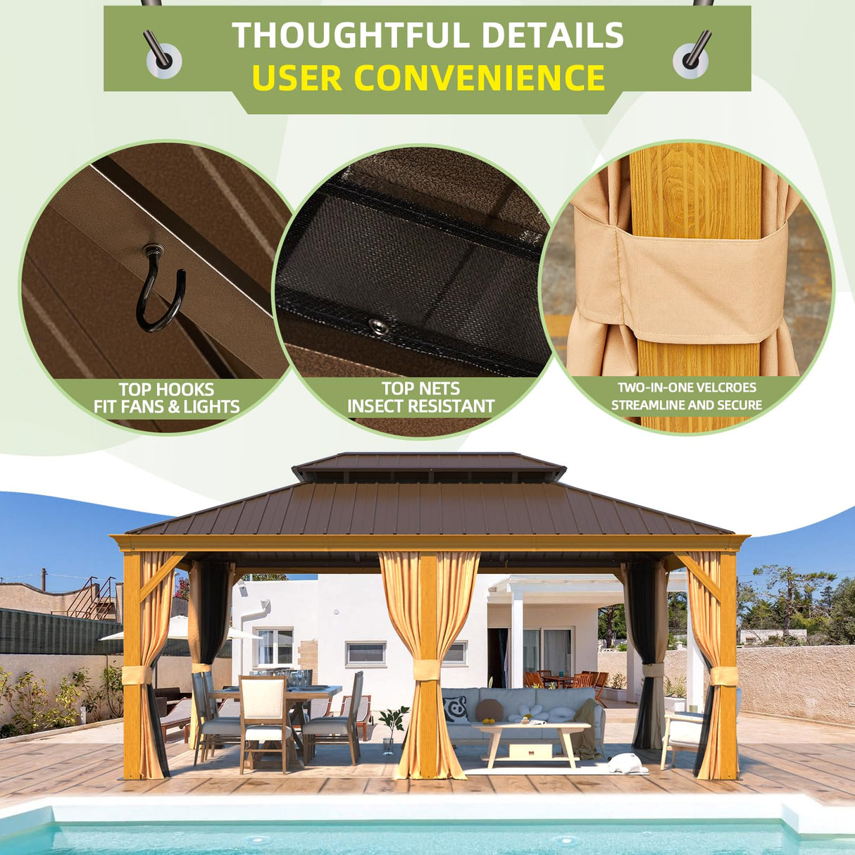 EROMMY 12' x 18' Gazebo, Wooden Finish Coated Aluminum Frame Canopy with Double Galvanized Steel Hardtop Roof, Outdoor Permanent Metal Pavilion with Curtains and Nettings for Patio, Backyard and Deck EROMMY