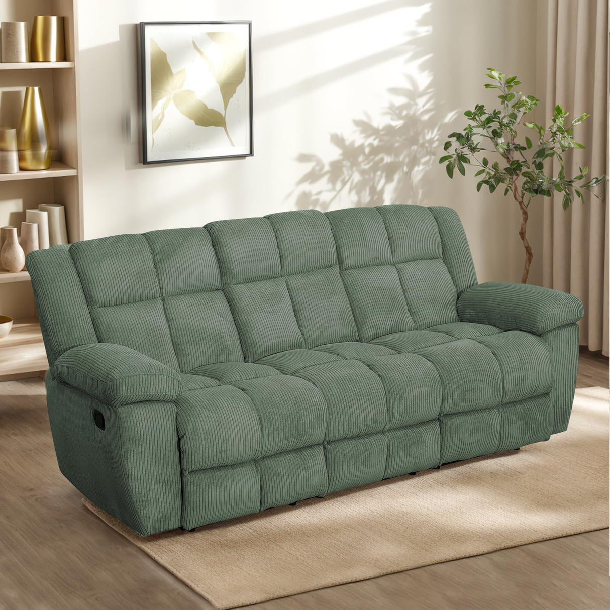 Manual Recliner Sofa Set,Corduroy Reclining Couch Set,Modern Living Room Furniture Set,Reclining Sofa Couch Chair for Living Room Home Office(Green,3 Pieces Set) Pon Living Furniture Inc
