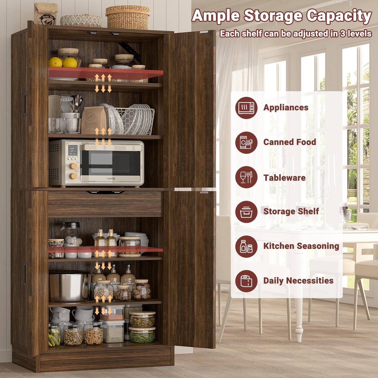 Unikito 71" Farmhouse Kitchen Pantry Storage Cabinet with Barn Doors, Adjustable Shelves & Drawer Organizer, Versatile Tall Storage Cupboard for Dining Room, Bathroom, Utility Room, Weathered Brown Unikito