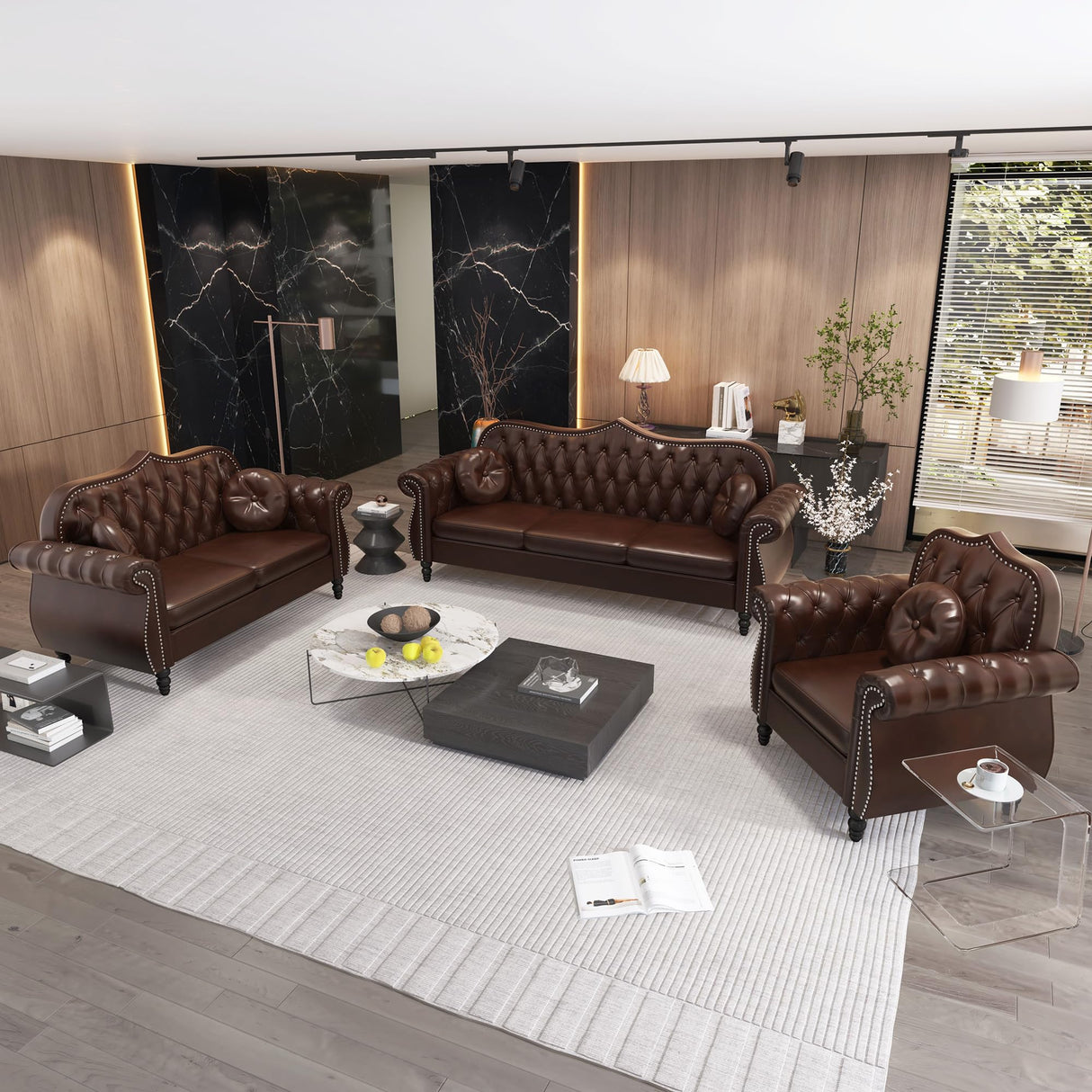 AVZEAR 82" Three Seater Sofa, Chesterfield Sofa, Mid-Century Modern PU Upholstered Sofa, Deep Button Tufted Living Room Sofa with Two Throw Pillows, Brown AVZEAR