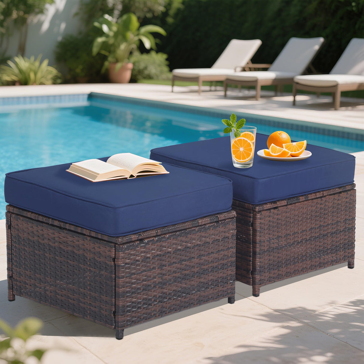 Hoffeorrad Outdoor Ottoman Rattan Footstool - Patio Ottomans with Removable Cushion, All-Weather PE Wicker & Steel Frame for Poolside, Garden Outdoor Furniture,23.6 x 21.7 x 17.8 inches, Brown 2 Pcs Hoffeorrad