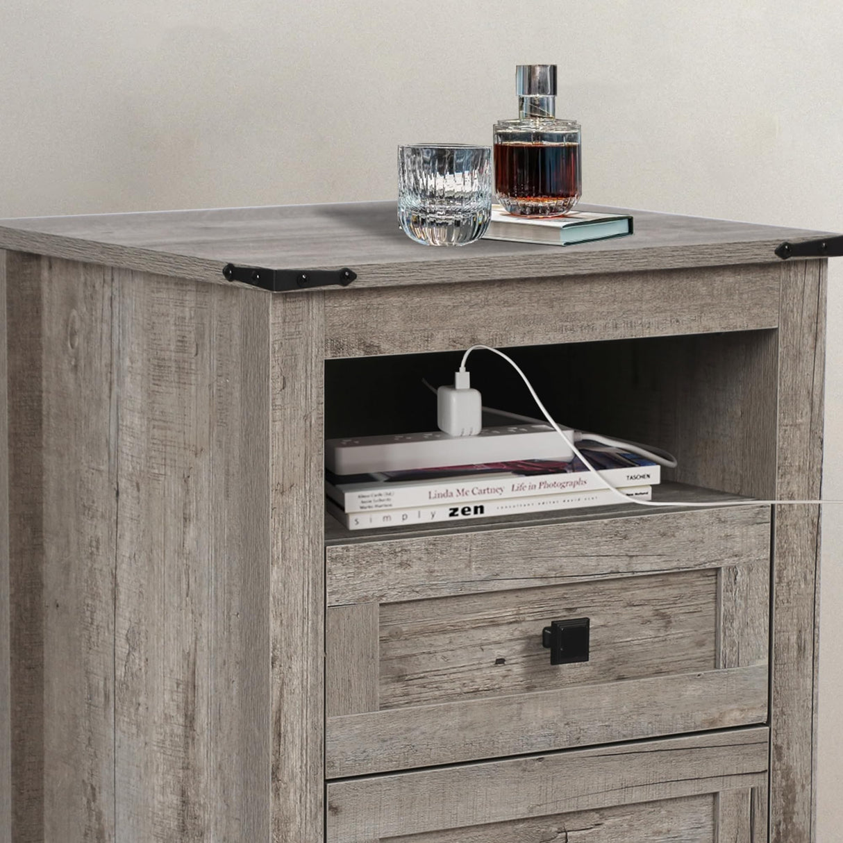 BTDWI Farmhouse Nightstand Set 2, Wood Side Table with Drawers and Storage Shelf, Square End Table for Bedroom, Light Grey Rustic Oak BTDWI