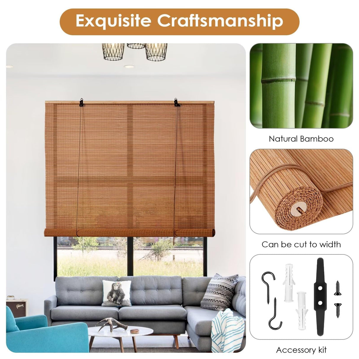 Bamboo Roller Blinds Shades,Outdoor Bamboo Roll Up,Vertical Lifting,Natural,Breathable,Waterproof Roller Shades for Privacy Protection,Sun Shade,Blackout,Ventilation,Easy Installation,36x72in(WxH BAYUE