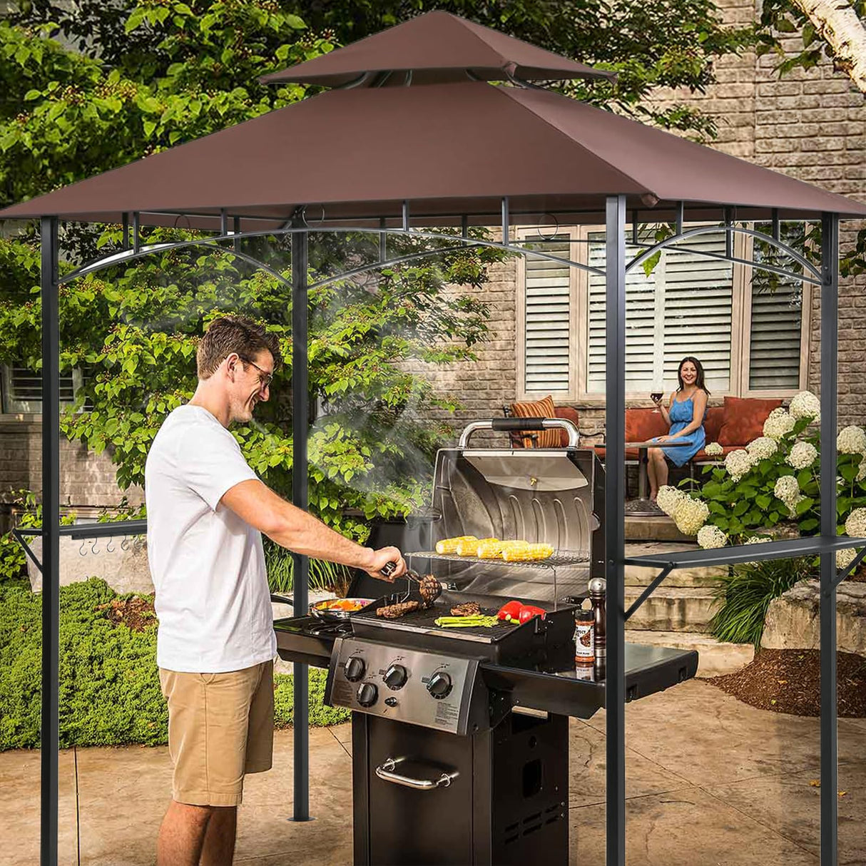 Grill Gazebo 8'×5' Barbeque Gazebo Canopy Tent Shelter with 2 Tier Hardtop BBQ Canopy for Outdoor Patio Backyard Deck, (Brown gaildon