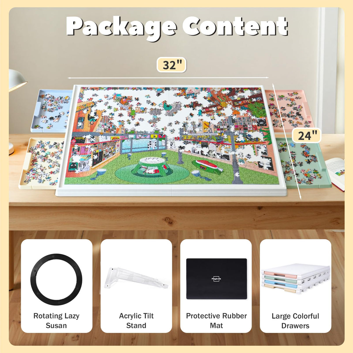 Playboda 2-in-1 Rotating & Tilting Puzzle Board for 1500‑Piece Puzzles with 4 Color Drawers and Cover, 32"x24" Portable Spinning Plastic Jigsaw Puzzle Table for Adults Playboda
