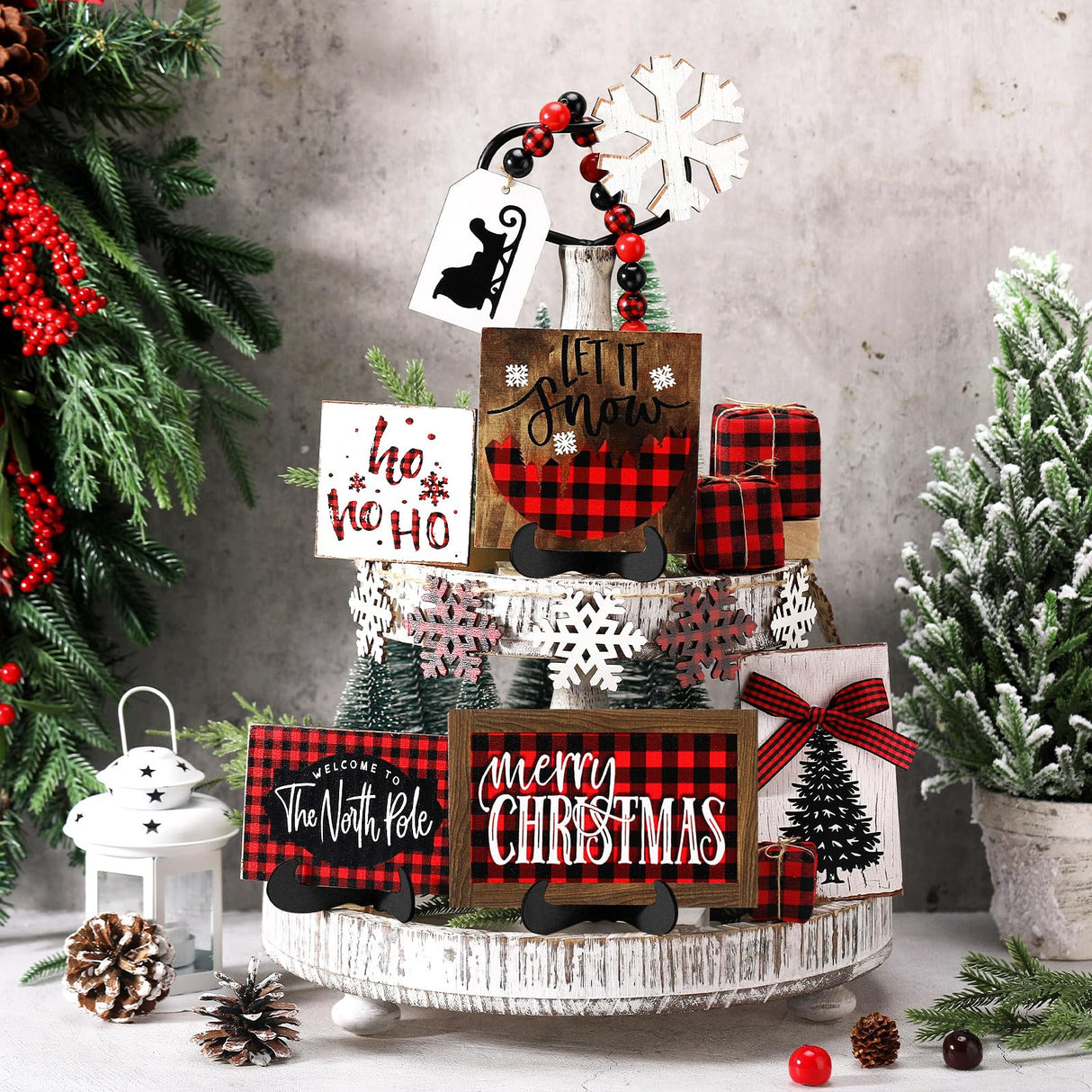 GlikCeil 20 Pcs Rustic Christmas Tiered Tray Decor Red and Black Buffalo Plaid Wooden Tiered Tray Decor for Farmhouse Christmas Winter Snowflake Wooden Table Centerpiece Sign Xmas Gift for Home Shelf GlikCeil