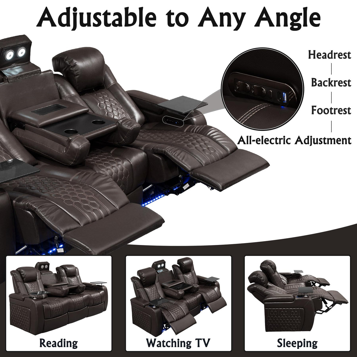 NMXUXMN Home Theater Seating,Top-Grain Leather Recliner Sofa, Zero Gravity Power Reclining Couch with Ambient LED Lights, Cup Holders & USB, Tray Table-Row of 3 with Drop Table Black NMXUXMN