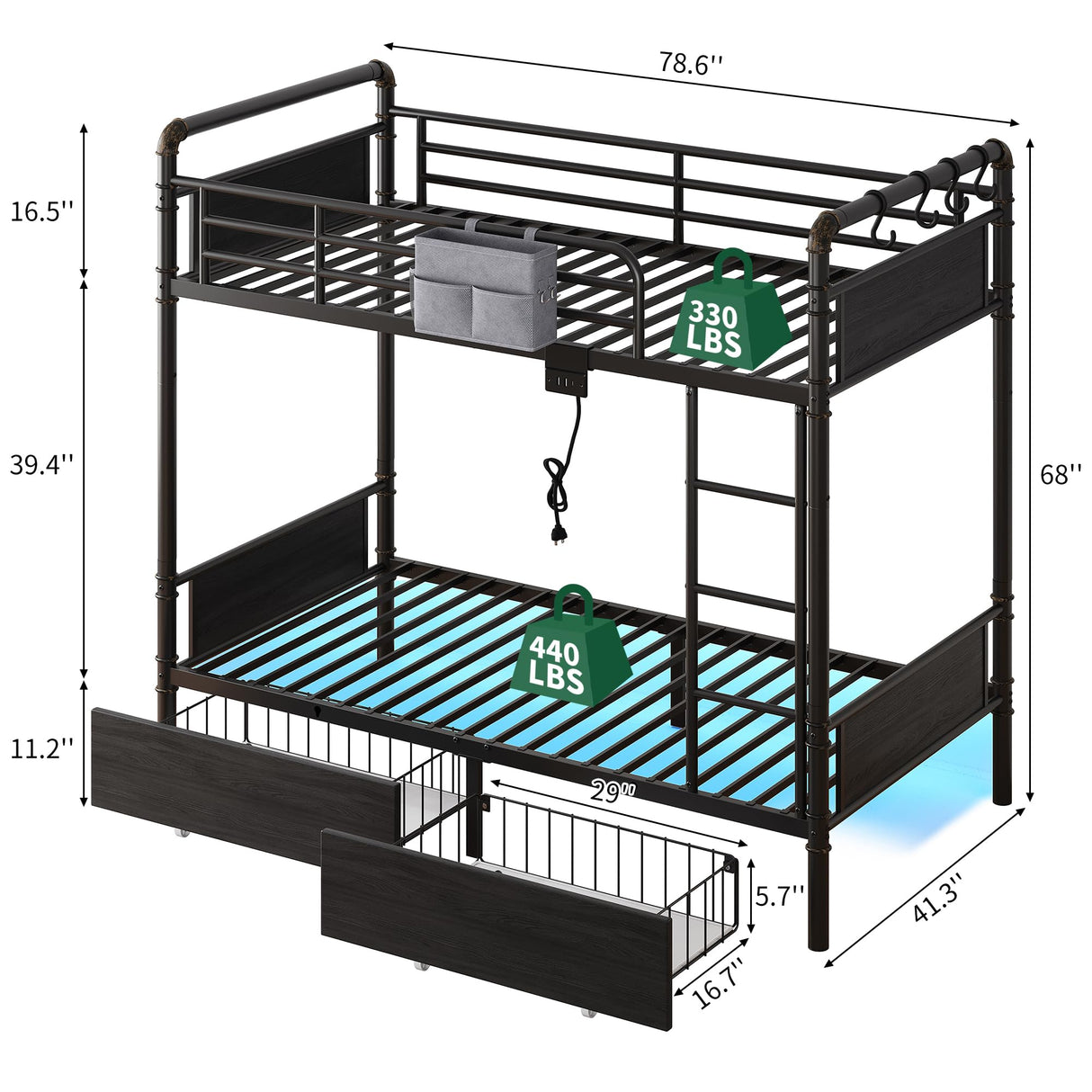 Jocoevol Metal LED Bunk Bed Twin Over Twin with 2 Storage Drawers, USB Charging Station, Industrial Bunkbeds Heavy Duty Bed with Safety Guardrail and Ladder, No Box Spring Needed, Black Jocoevol