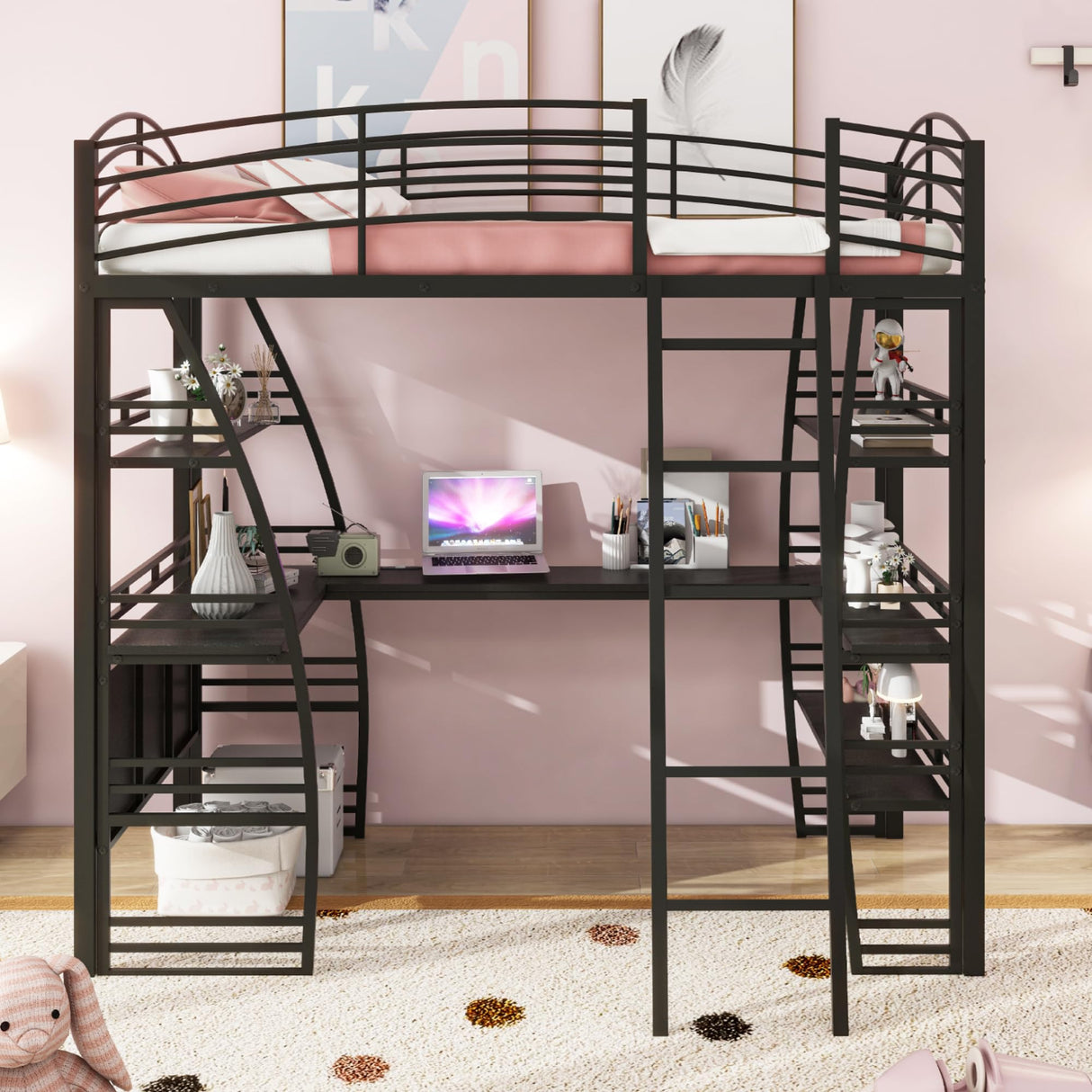 Bellemave Twin Size Loft Bed, Loft Bed with Desk and Bookcase with Metal Frame, Loft Bed with Desk and Storage, Black Bellemave