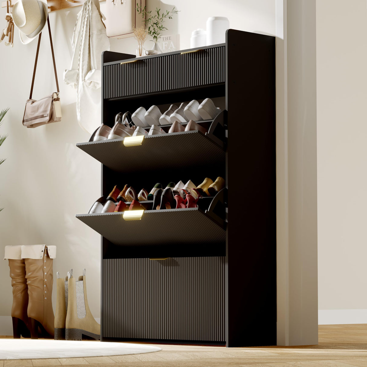 IDEALHOUSE Modern Black Shoe Cabinet with 3 Flip Drawers & 2 Small Drawers & Hook, Slim Fluted Shoe Storage Organizer, Narrow Entryway Cabinet for Apartment, Hallway, Entrance IDEALHOUSE