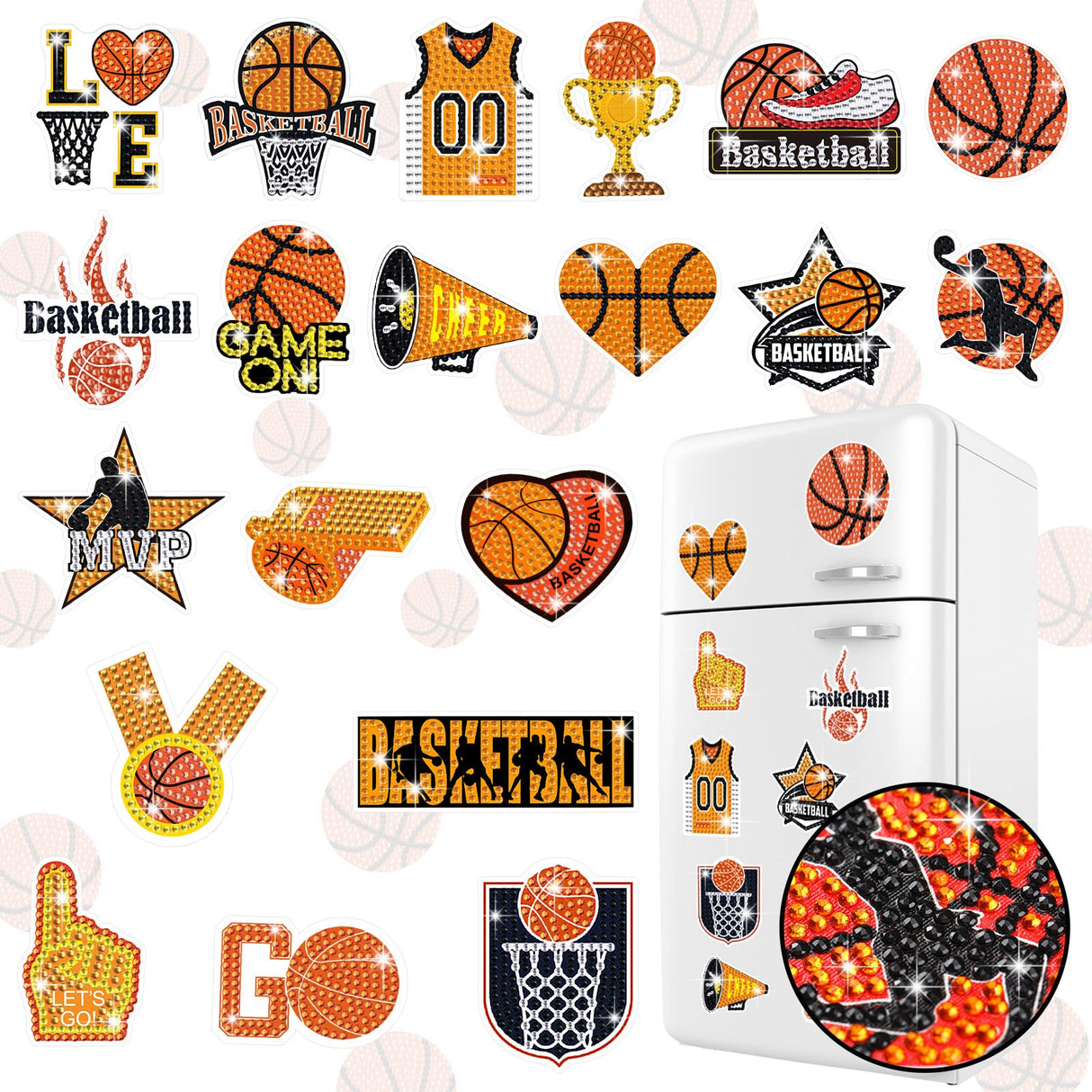 Saysurey 20 Pcs Basketball Diamond Painting Magnet Refrigerator Basketball Decoration DIY Diamond Art Painting Kits for Basket Ball Party Supplies Basket Ball Themed Party Exchange Gifts Saysurey
