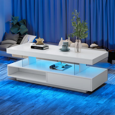 realglow LED Coffee Table with Storage, LED Coffee Tables for Living Room, High Gloss Coffee Table with LED Lights, Modern Center Table with Open Display Shelf & 2 Sliding Drawers (White)