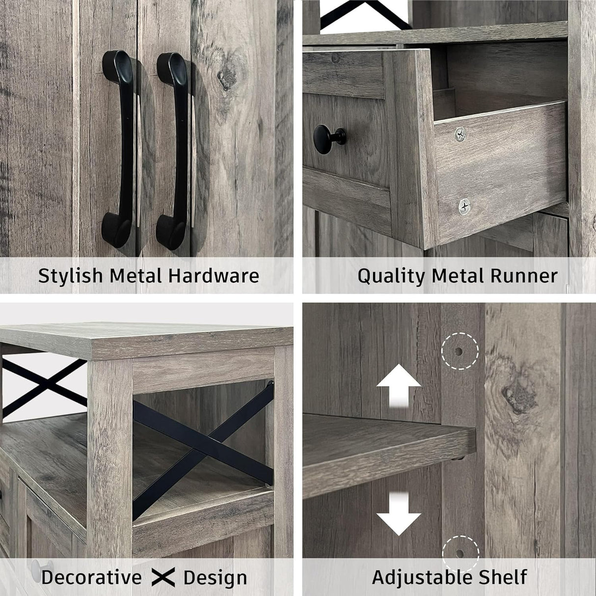 Farmhouse Storage Cabinet with Barn Doors and Open Shelf, Kitchen Pantry with Storage, Coffee Bar Station, Freestanding Cupboard Hutch Cabinet for Kitchen, Dinning Room, Livingroom, Grey FiveWillowise