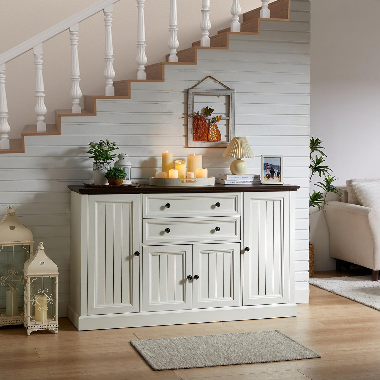 IFGET Farmhouse Sideboard Buffet Cabinet with Storage, 58'' Large Coffee Bar Stroage Cabinet with 2 Drawers and 4 Doors, Wood Rustic Accent Cabinet for Dinning Room, Hallway, and Living Room, Whtie IFGET