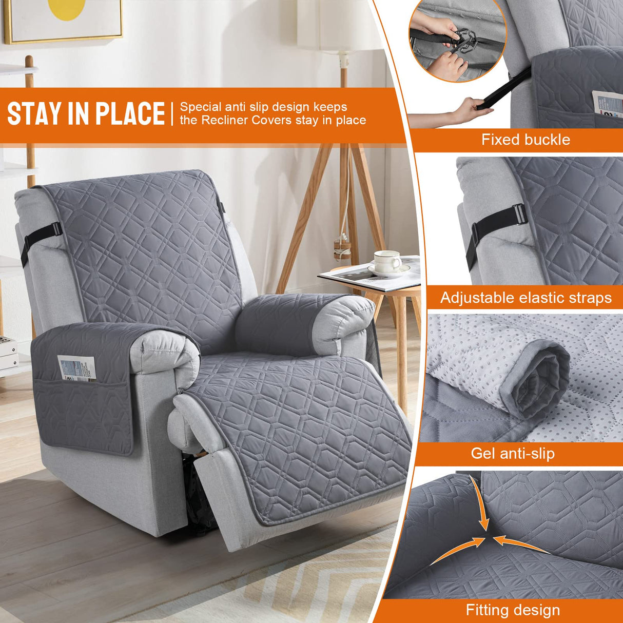 VANSOFY 100% Waterproof Recliner Chair Covers, Recliner Cover Non-Slip Dog Chair Cover Furniture Protector Washable Slipcover with Pocket, Elastic Straps for Pets, Dogs(Dark Gray, 23.6") VANSOFY