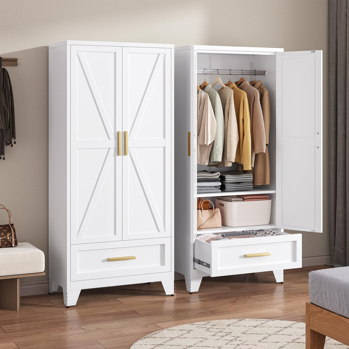 LCAOPC 71" Tall Metal Wardrobe Cabinet with Drawer and Hanging Rod, 2 Doors Armoire Wardrobe Closet with Shelf for Bedroom, Office, Laundry Room, White LCAOPC
