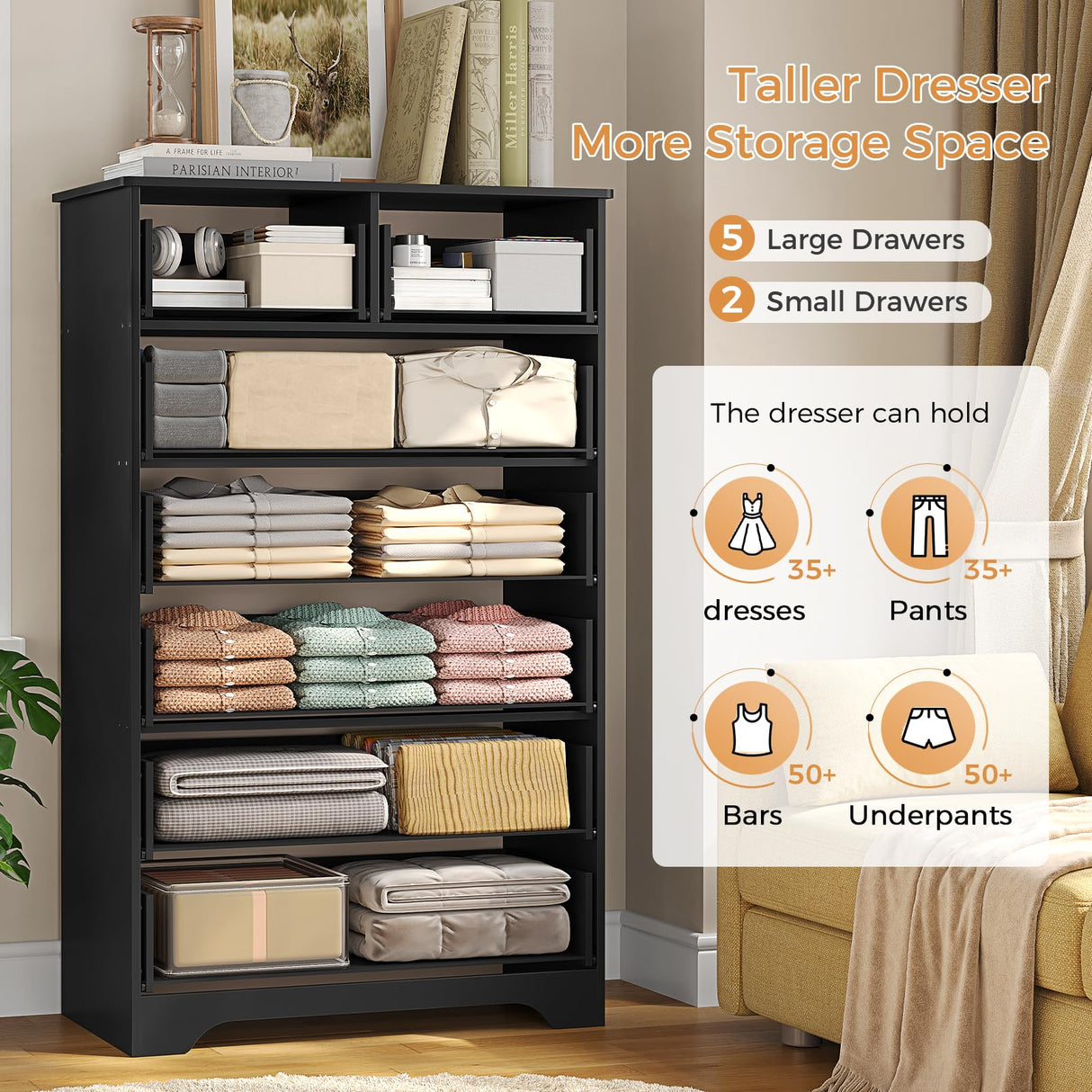 Hasuit Tall Dresser for Bedroom, Black Large Chest of Drawers, 55.6'' High Dressers with 7 Drawers, Modern Wooden Vertical Storage Clothes Closet Organizer Hasuit