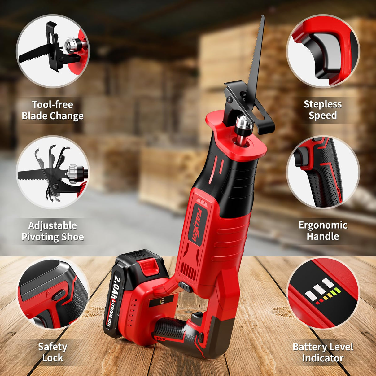 FULLYEA Reciprocating Saw Cordless, Brushless Reciprocating Saw 0-3500 SPM, Cordless Saw with 2 * 2.0Ah Battery & 4 Saw Blades, Battery Powered Reciprocating Saw for Wood/Metal/Plastic Cutting FULLYEA