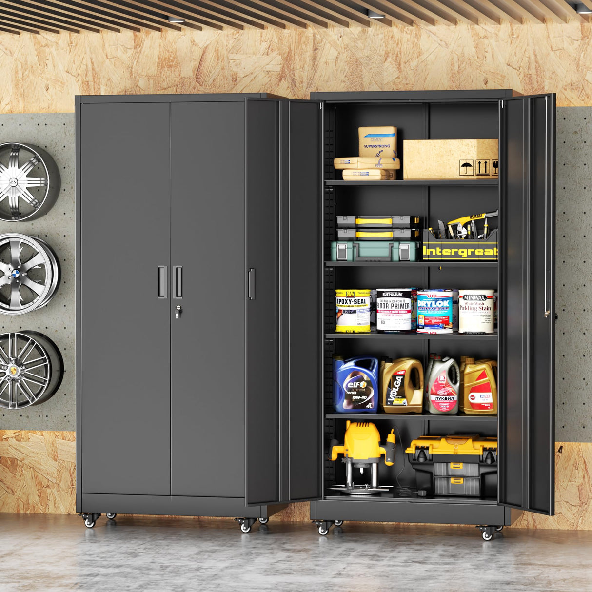INTERGREAT Metal Storage Cabinet with Wheels, 73" Garage Storage Cabinet with Door and 4 Shelves, Tool Cabinet on Caster for Home, Office, Black INTERGREAT