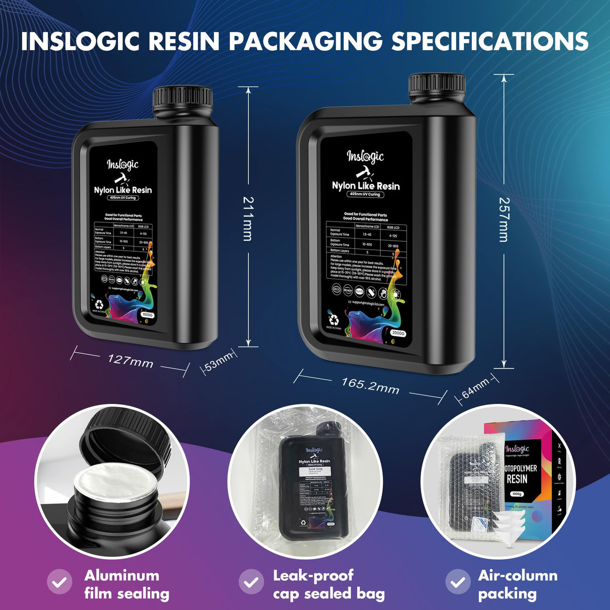 Inslogic Nylon 3D Printer Resin Bundle, 2 * 1KG Black Resin Strong Tough Durable 3D Resin, High Compatible for LCD 3D Printers, 395-405nm UV Light Curing 3D Printing Liquid Photopolymer Resin JAYO