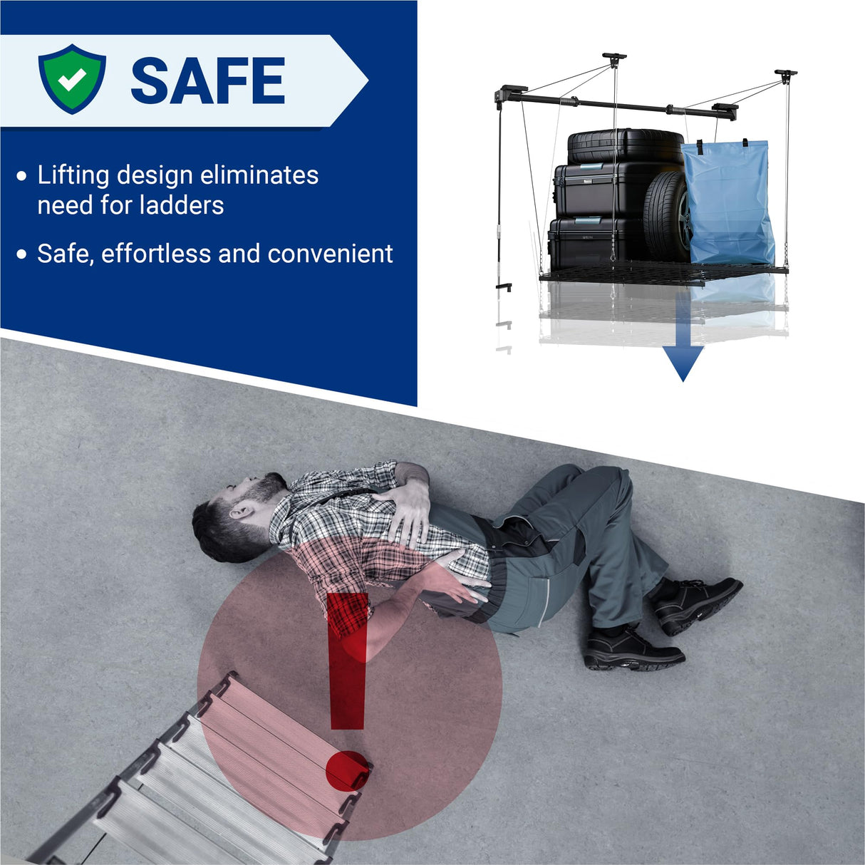 FLEXIMOUNTS Garage Ceiling Lifting Storage Rack, 4x4 Ft Heavy-Duty Metal Frame, Overhead Storage System With 300lbs Load Capacity, Matt Black FLEXIMOUNTS