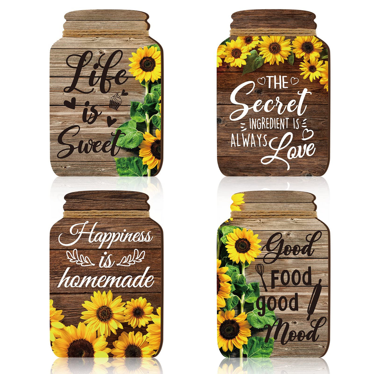 4 Pcs Kitchen Wall Decor Mason Jar Set Wooden Rustic Home Decor Inspirational Kitchen Hanging Farmhouse Wall Signs for Home decoration(Sunflower) Qunclay
